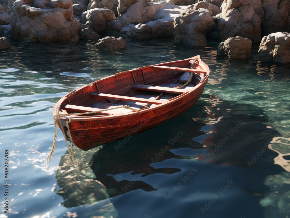 Obraz premium Barque sur l'eau parmi les rochers ensoleillés