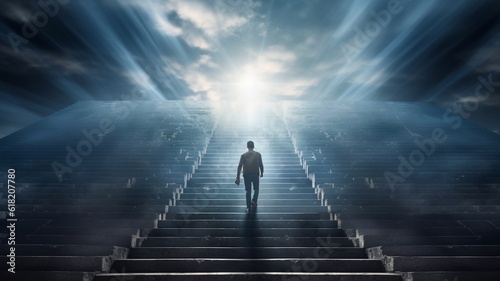 Stairs to heaven heading up to skies  bright light from heaven door  Concept art  Epic light Background illustration of stairs on the way to heaven The way to success concept Generative AI