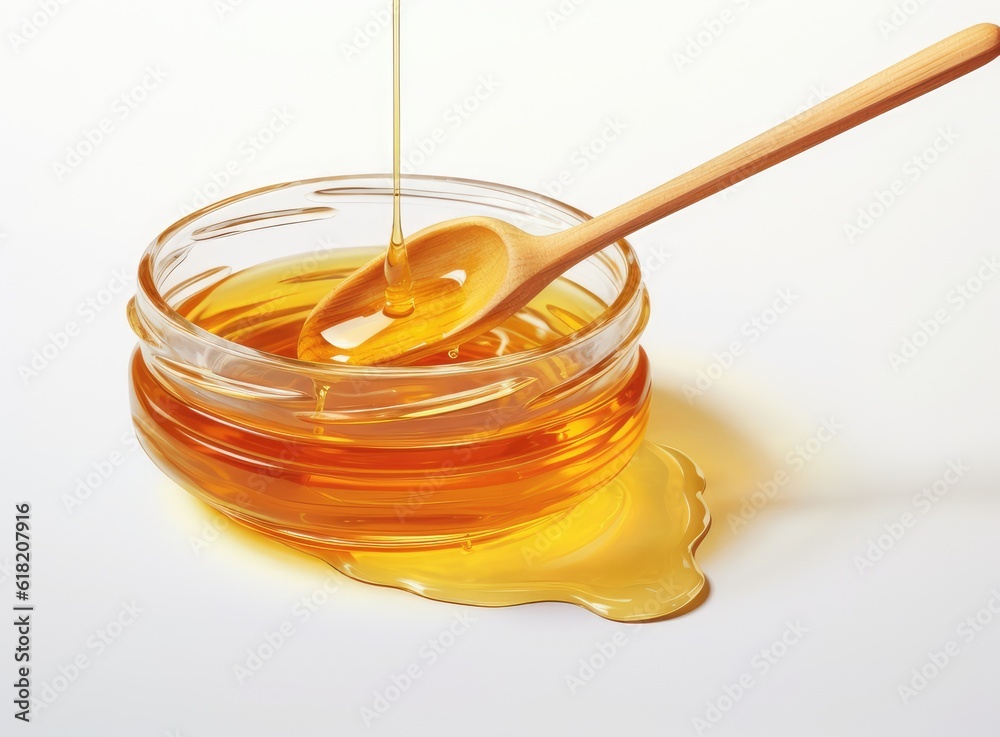 Composition with fresh honey on white background, top view. Created with Generative AI technology. Composition with fresh honey on white background, top view. Created with Generative AI technology.