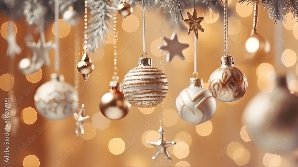 Christmas background. Hanging decorative baubles ball holiday design elements. Festive background with christmas ornament decoration, Copy space. banner and poster. generative ai Christmas background. Hanging decorative baubles ball holiday design elements. Festive background with christmas ornament decoration, Copy space. banner and poster. generative ai