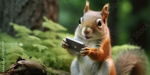 Squirrel holding smartphone device looking like its scrolling through social media, concept of Digital Detox, created with Generative AI technology