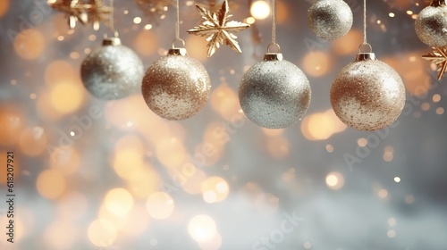 Christmas background. Hanging decorative baubles ball holiday design elements. Festive background with christmas ornament decoration, Copy space. banner and poster. generative ai