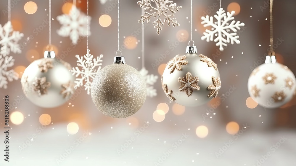 Christmas background. Hanging decorative baubles ball holiday design elements. Festive background with christmas ornament decoration, Copy space. banner and poster. generative ai Christmas background. Hanging decorative baubles ball holiday design elements. Festive background with christmas ornament decoration, Copy space. banner and poster. generative ai