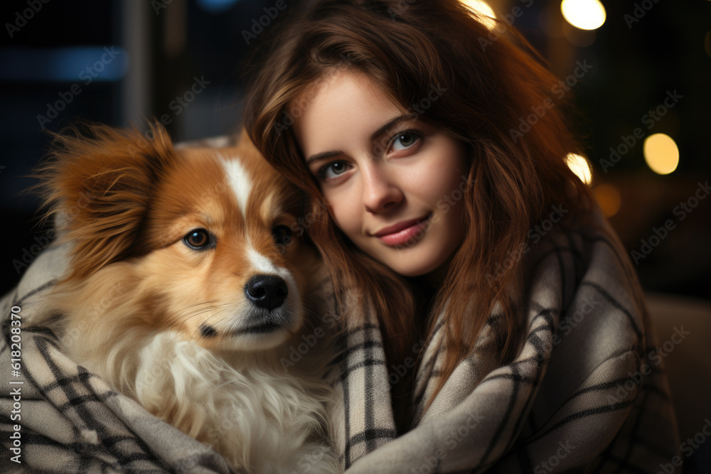 Cozy woman holding her dog during resting on the couch at home during Christmas holidays. Cozy woman holding her dog during resting on the couch at home during Christmas holidays.