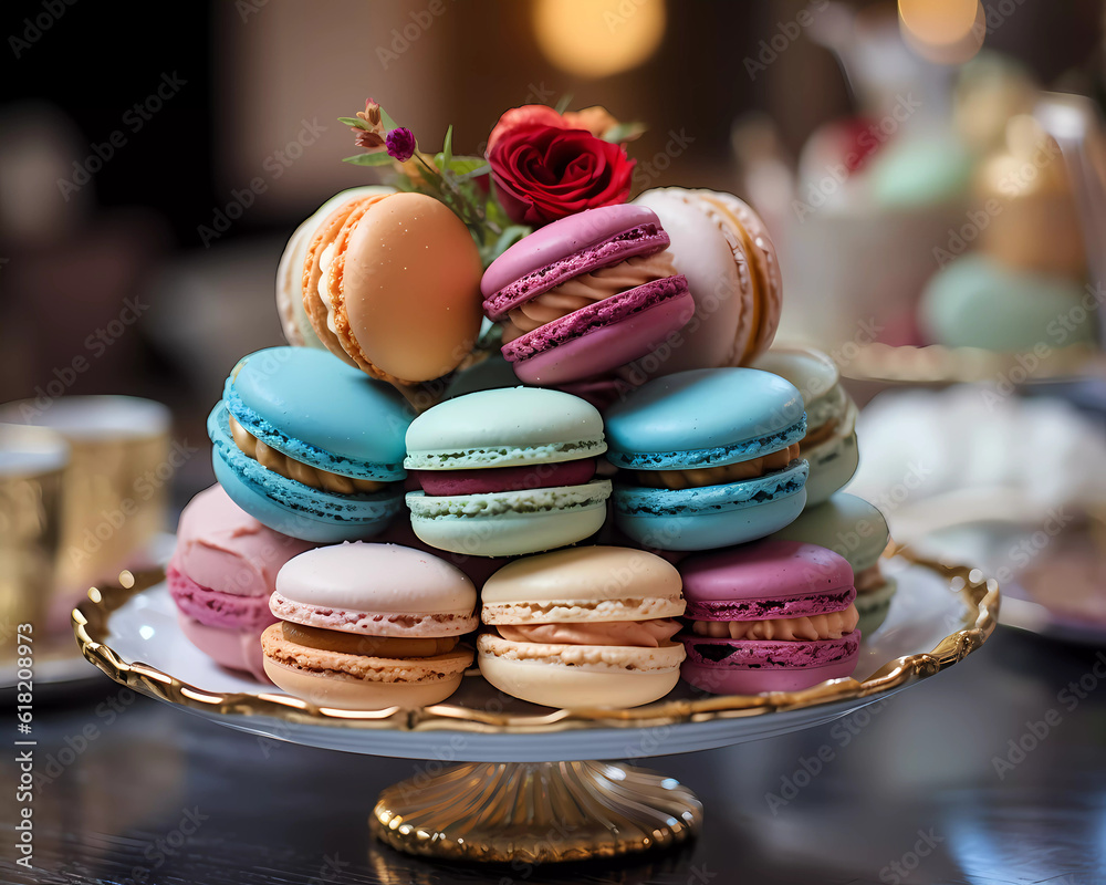 Stand of cute macarons desserts of different colors and flavors. Generative AI