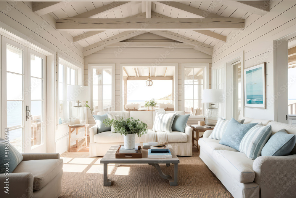 Fototapeta premium Beach Cottage With Shiplap Walls And Relaxed, Coastal Vibe Coastal Interior Design. Generative AI