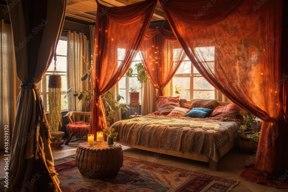 Fototapeta premium Cozy Bedroom With Canopy Bed And Bohemian Textiles Bohemian Interior Design. Generative AI