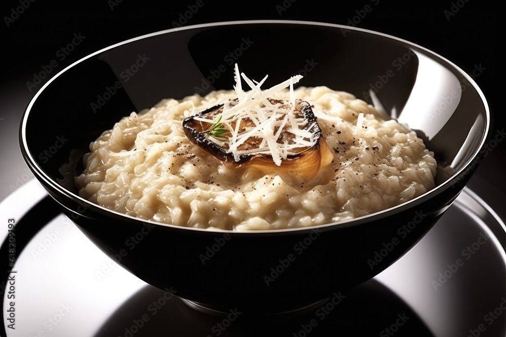 Creamy Truffle Risotto Sprinkled With Grated Parmesan Cheese. Generative AI Creamy Truffle Risotto Sprinkled With Grated Parmesan Cheese. Generative AI