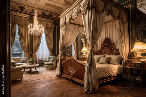 Opulent Bedroom With Fourposter Bed And Luxurious Fabrics Traditional Interior Design. Generative AI