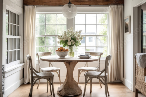 Charming Breakfast Nook With Farmhousestyle Table And Natural Light Modern Farmhouse Interior Design. Generative AI © Anastasiia