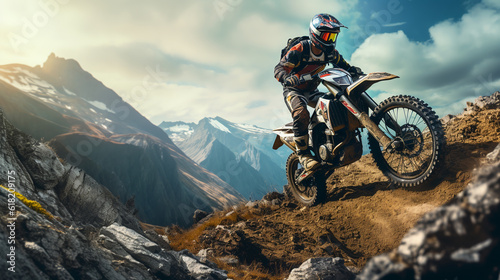 Extreme racer climbs to the top of the mountain on offroad enduro motorcycle. Beautiful mountain landscape. ai generative