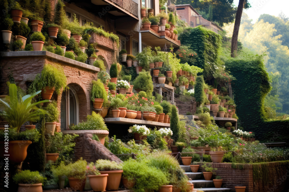 Terraced Garden With Cascading Flower Beds And Terracotta Planters. Generative AI Terraced Garden With Cascading Flower Beds And Terracotta Planters. Generative AI