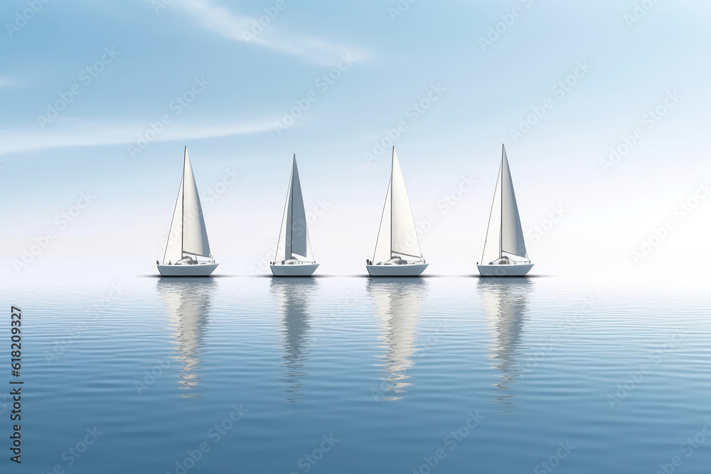 Row Of Sailboats On Calm Lake, Illustrating Linear Perspective. Generative AI