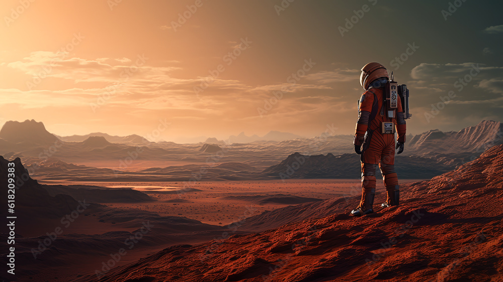 astronaut on mars Standing and looking out at the Martian landscape. ai generative