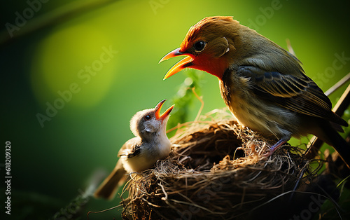 mamma pettirosso che cinguetta con i suoi cuccioli nel loro nido, illustrazione con sfondo verde e tramonto, colori caldi, uccello e cuccioli, amore di una madre photo