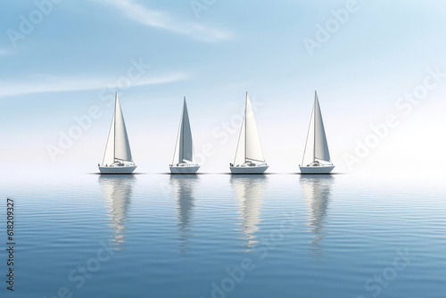 Row Of Sailboats On Calm Lake, Illustrating Linear Perspective. Generative AI