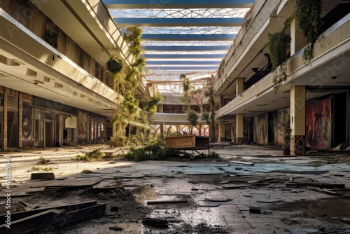 Dilapidated, Deserted Shopping Mall With Boardedup Storefronts And Shattered Glass. Generative AI photo