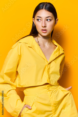 woman trendy fashion beautiful model person attractive girl young lifestyle yellow