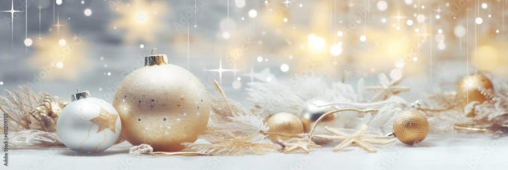 Christmas background with decorative holiday design elements. Festive background with christmas ornament decoration, Copy space. Banner and poster. generative ai
