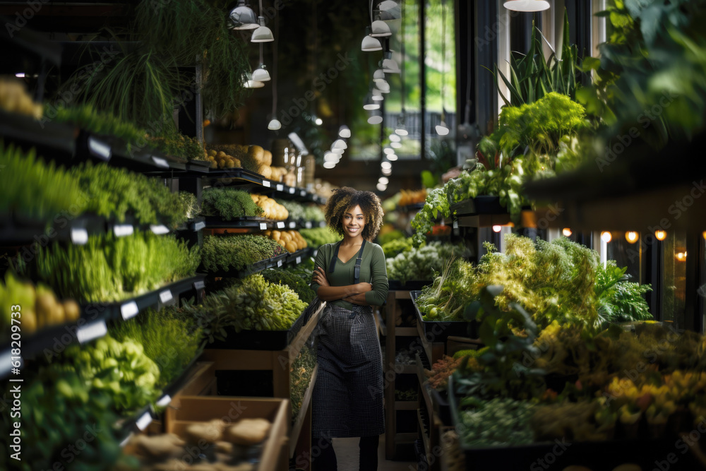 Happy and smiling black woman, small business owner in her plant shop