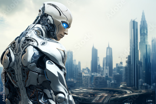 game character in a futuristic cyborg style on the background of the city. back view. ai generative photo