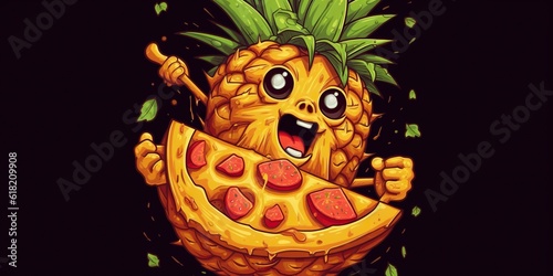 Funny pineapple eating pizza, concept of Unusual food combinations, created with Generative AI technology © koldunova