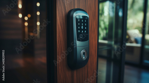 Hotel door security Unlocking by application on mobile phone. Digital door lock, key less system of access door. Close up and selective focus. Generative AI