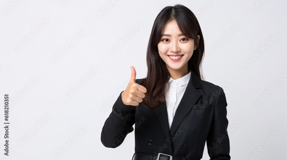 Asian charming businesswoman showing thumb-up sign, isolated on white. Business concept. Asian charming businesswoman showing thumb-up sign, isolated on white. Business concept.