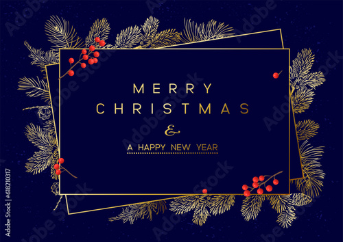 Christmas Poster with golden pine branches on dark blue background. New year illustration.
