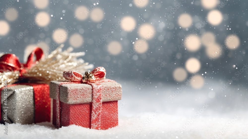 Christmas background with decorative holiday design elements. Festive background with christmas ornament decoration, Copy space. Banner and poster. generative ai