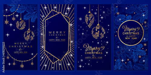 Christmas Poster set. Vector illustration of Christmas Background with branches of christmas tree and golden elements.