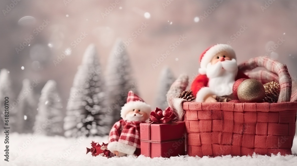 Obraz premium Santa claus. Christmas background with decorative holiday design elements. Festive background with christmas ornament decoration, Copy space. Banner and poster. generative ai