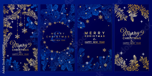 Christmas Poster set. Vector illustration of Christmas Background with branches of christmas tree and golden elements.