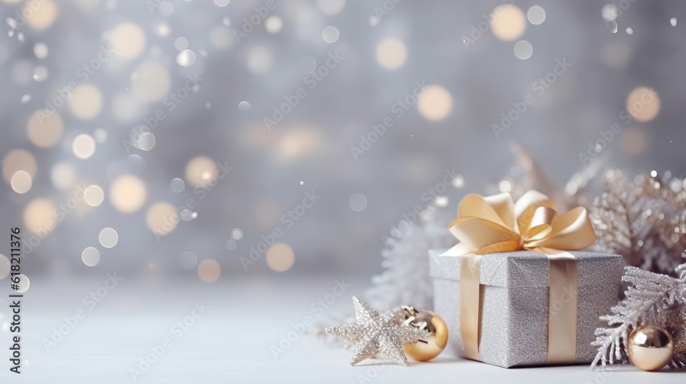 Christmas background with decorative holiday design elements. Festive background with christmas ornament decoration, Copy space. Banner and poster. generative ai