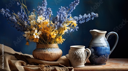An old jug and flowers on rattan with a blue canvas patterned background
