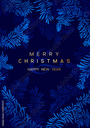 Christmas Poster with pine branches on dark blue background with golden elements. New year illustration.