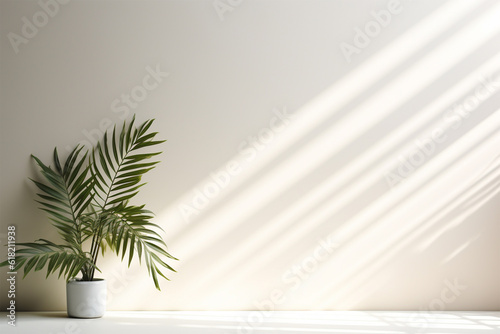 Minimalistic light background with blurred foliage shadow on a white wall. Beautiful background for presentation with with smooth floor  © © Ai Factory