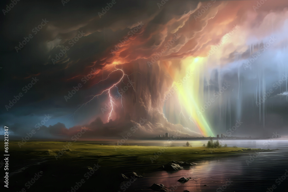 Gloomy Weather With Clouds And Rainbows Beneath The Rainbow Is Lightning. Generative AI