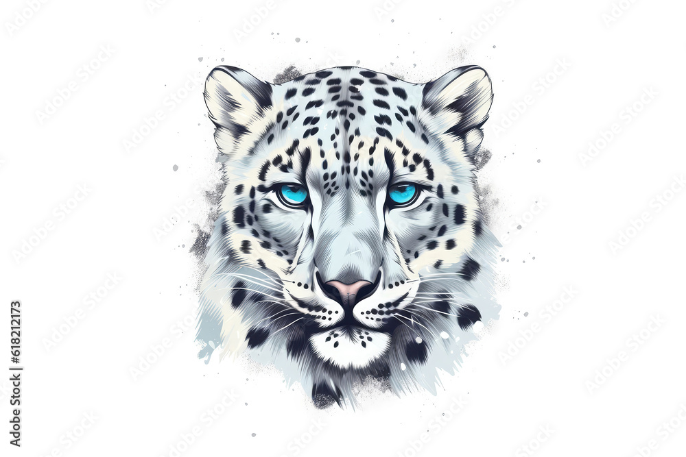 Obraz premium Snow Leopard, Minimalist Style, White Background Cartoonish, Flat Illustration.. Generative AI