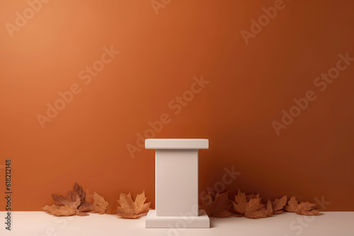 Closeup Of White Empty Podium Against Brown Background With Autumn Leaves. Generative AI