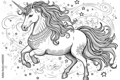 Coloring Book  Sparkling Unicorn Majestic Unicorn Surrounded By Twinkling Stars. Generative AI