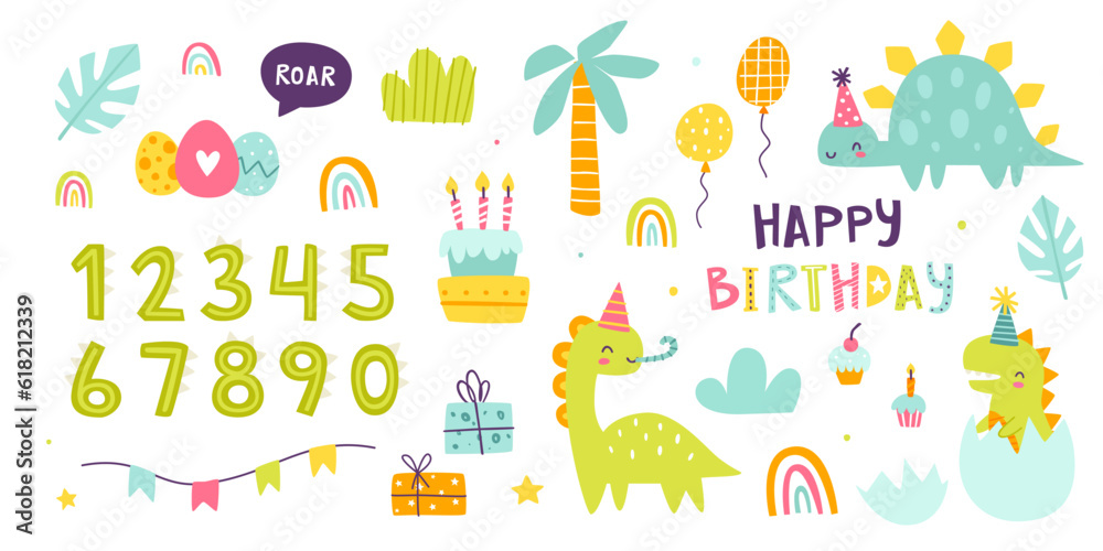 Dino birthday party set with numbers. Cute doodle dinosaurs celebration collection. Vector bundle with festive dino.