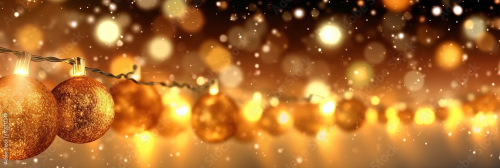 Christmas background decoration garland night light gold bokeh. holiday christmas ornament decoration, Copy space. Banner and poster Christmas background decoration garland night light gold bokeh. holiday christmas ornament decoration, Copy space. Banner and poster