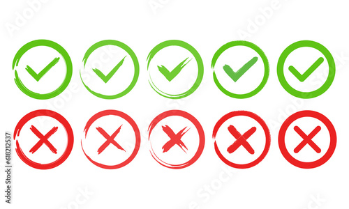 Set of hand drawn yes and no buttons. Set of red and green crosses and checkmarks. Button for interface. Set of green and red crosses and checkmarks, yes, no, right, wrong, approved, rejected.