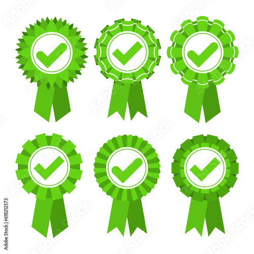 A set of green volumetric ribbons of rosettes is certified, a quality mark, five stars. Check mark icon.