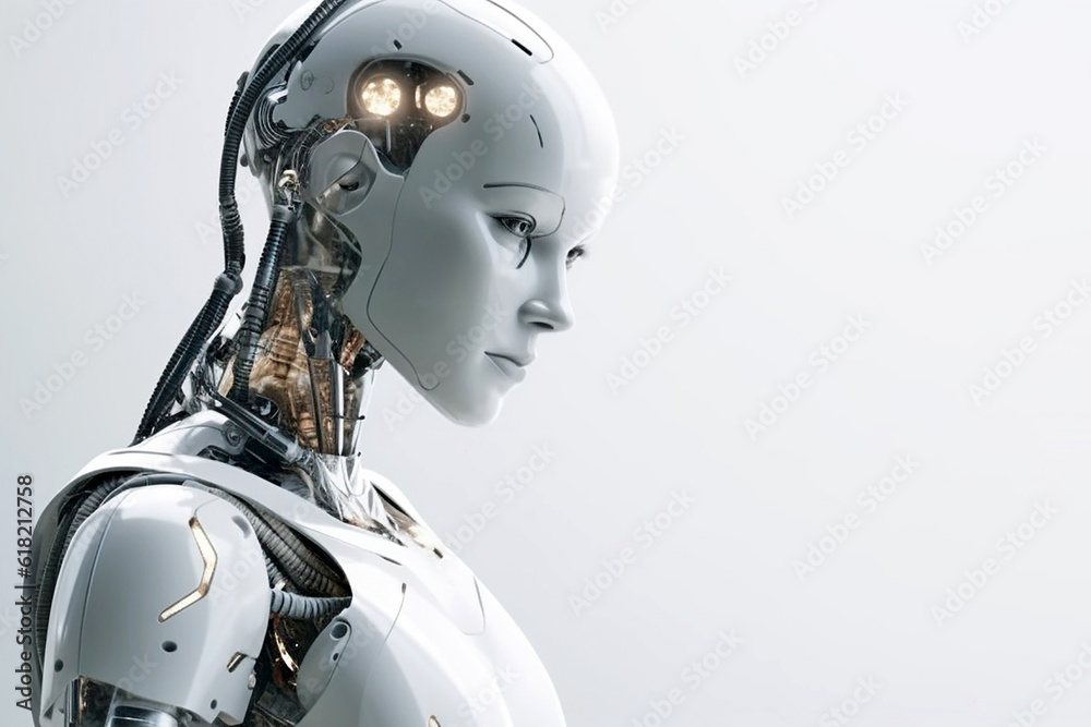 The face of a humanoid robot on an isolated background and close-up. Generative AI The face of a humanoid robot on an isolated background and close-up. Generative AI