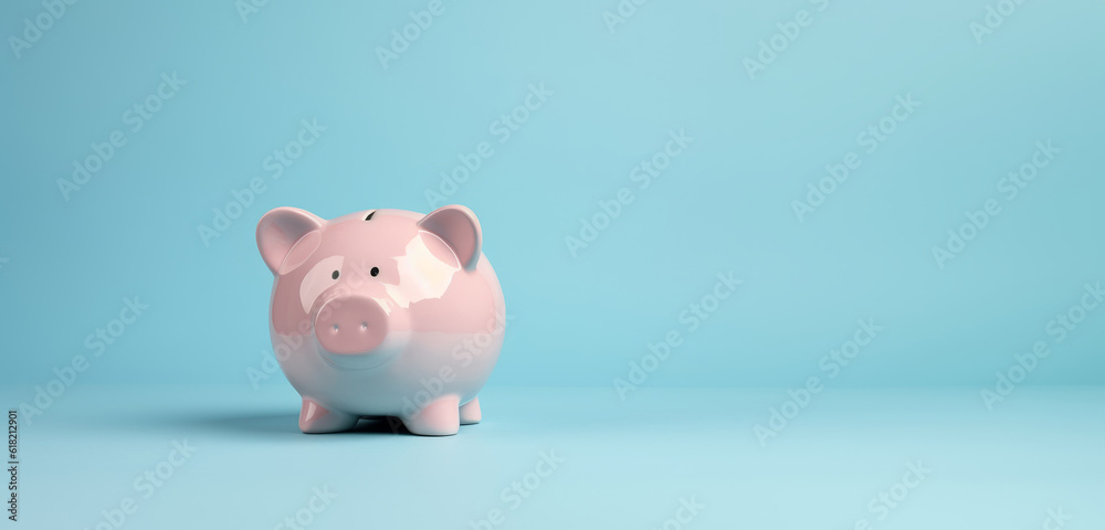 Pink pig piggy bank isolated on blue background - Generative AI