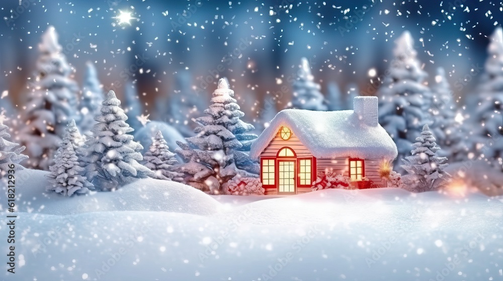 Christmas house in winter snowy forest. holiday christmas ornament decoration, Copy space. banner and poster. 