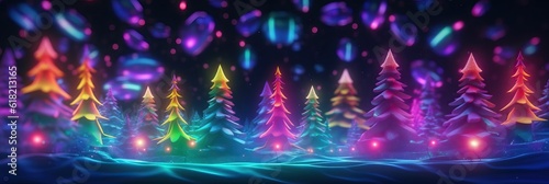 Christmas neon trees, Holiday light blue neon horizontal banner, border for website, web poster. generative ai
