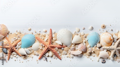 Beach themed banner or header with beautiful shells, corals and starfish on pure white sand © twilight mist